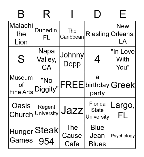 JENNY'S BRIDAL BINGO GAME Bingo Card