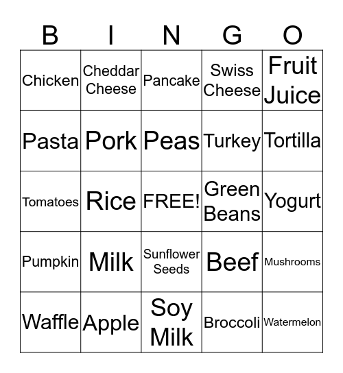 Nutrition Bingo Card