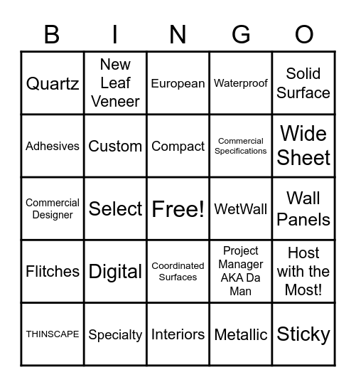 Wilsonart Commercial Specifications Bingo Card