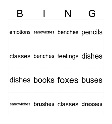 Plural Nouns -s and -es Bingo Card