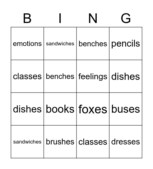 Plural Nouns -s and -es Bingo Card