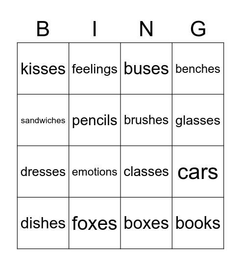 Plural Nouns -s and -es Bingo Card