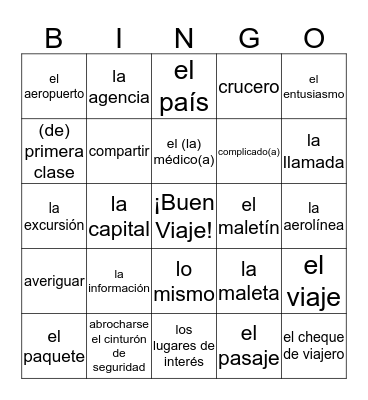 Lección 11: ¡Buen Viaje! Bingo Card