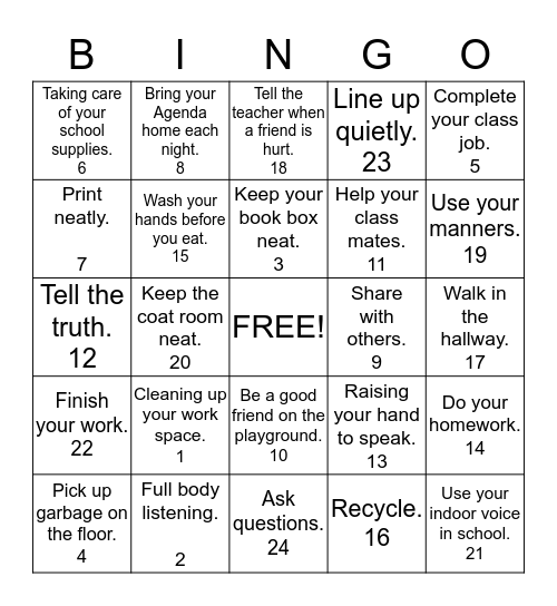 Responsibility BINGO Card