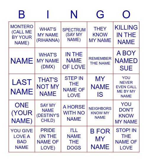 NAME Bingo Card