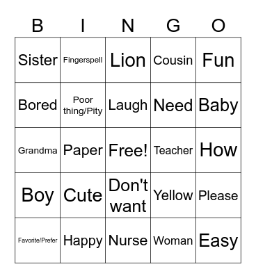 ASL Expressions: Vocabulary Bingo 2 Bingo Card