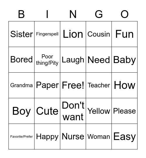 ASL Expressions: Vocabulary Bingo 1 Bingo Card