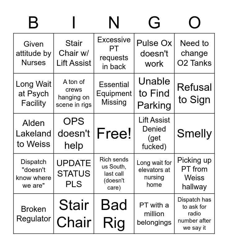 Street Shift Bingo Card