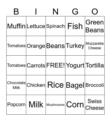 Nutrition Bingo Card