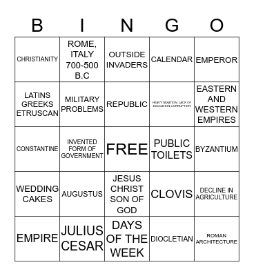 Rome Civilization and their Inventions Bingo Card