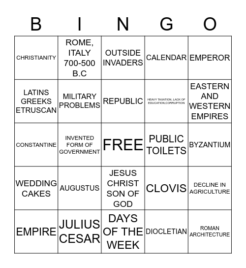 Rome Civilization and their Inventions Bingo Card