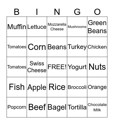 Nutrition Bingo Card