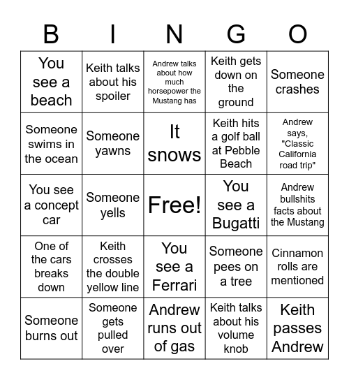 Toppest Gear: California Special Bingo Card