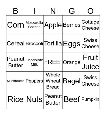 Nutrition Bingo Card