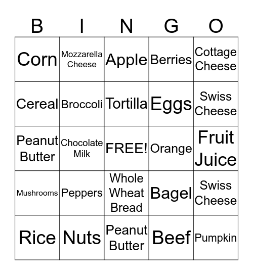 Nutrition Bingo Card