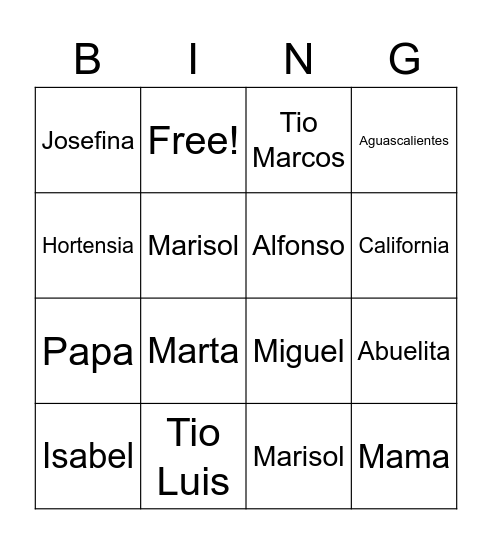 Esperanza Rising Bingo Card