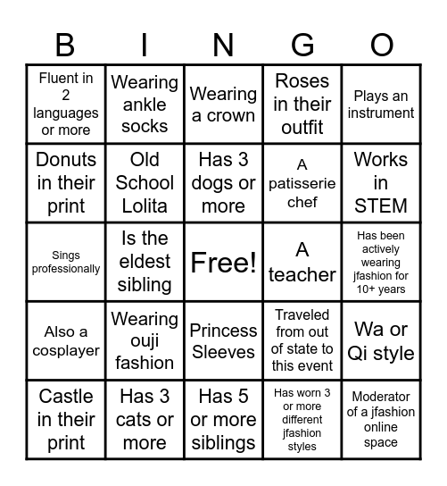 JFashion Bingo Card