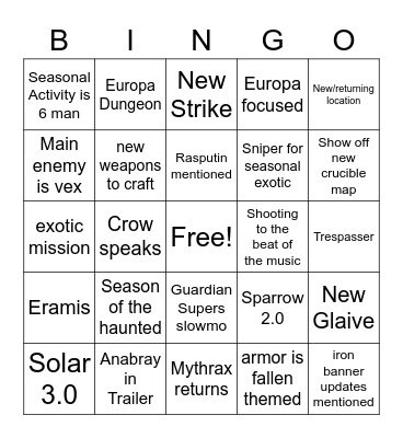 Season 17 Bingo Card