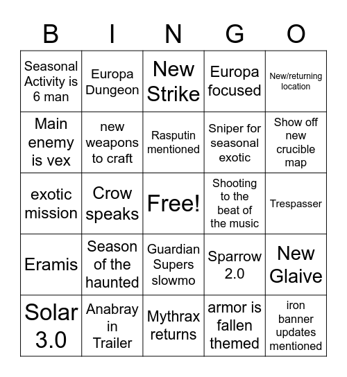 Season 17 Bingo Card