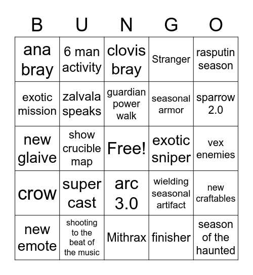 Bungo Bingo Card