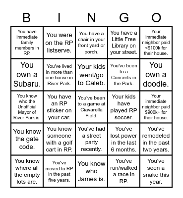 River Park Bingo Card
