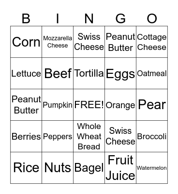 Nutrition Bingo Card