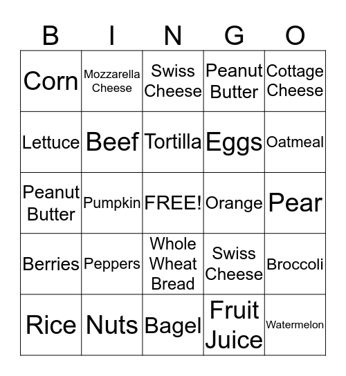 Nutrition Bingo Card