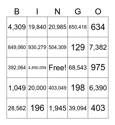 Cardinal Number Bingo Card