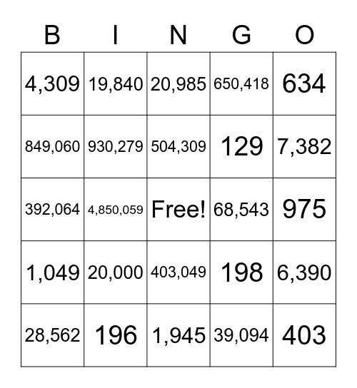 Cardinal Number Bingo Card