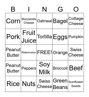 Nutrition Bingo Card