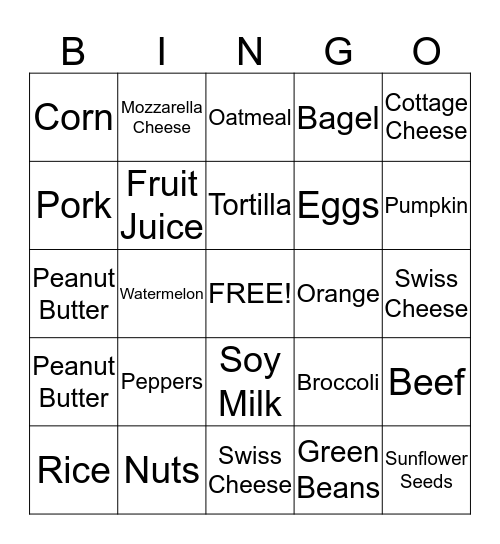 Nutrition Bingo Card