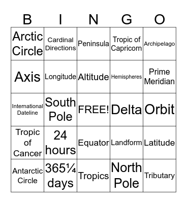 Geography Terms Bingo Card