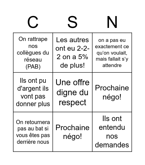 Négo CSN Bingo Card