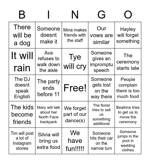 Wedding Bingo Card