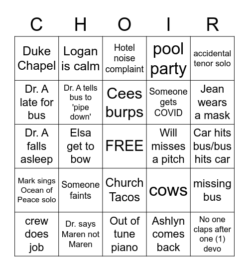 Choir Bingo Card