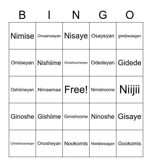 Ojibwe Family Bingo Card