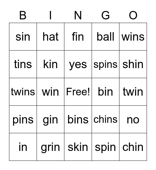 in word family Bingo Card