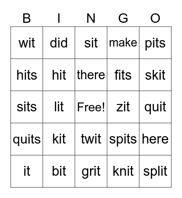 it word family Bingo Card