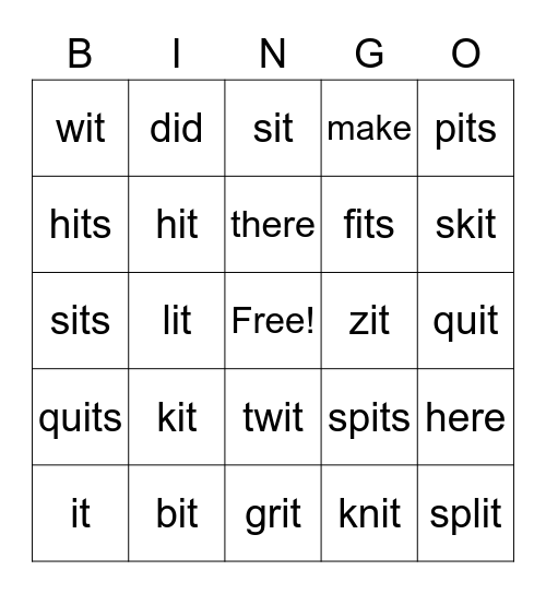 it word family Bingo Card