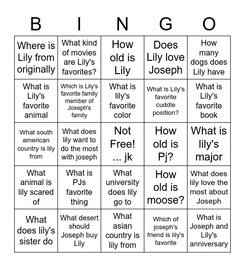 Joseph Bingo Card