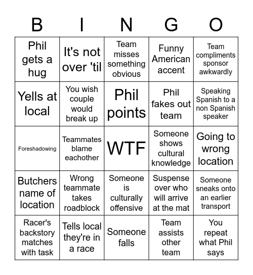 Amazing Race the good and bad Bingo Card