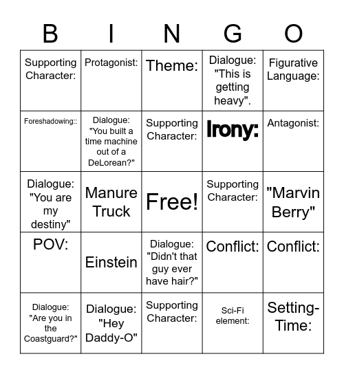 Back to the Future Literary Elements Bingo Card