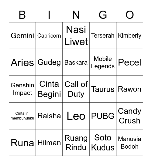 Bingo Raisha Bingo Card