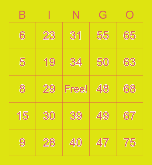 Number Bingo 1-75 Bingo Card