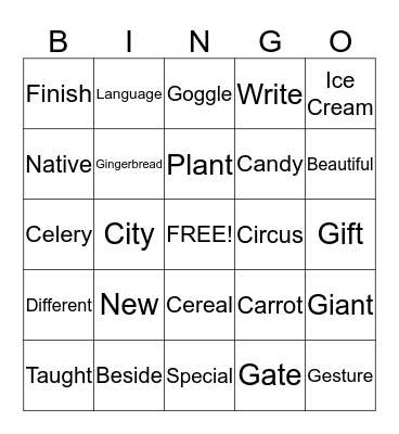 Vocabulary Bingo  Bingo Card