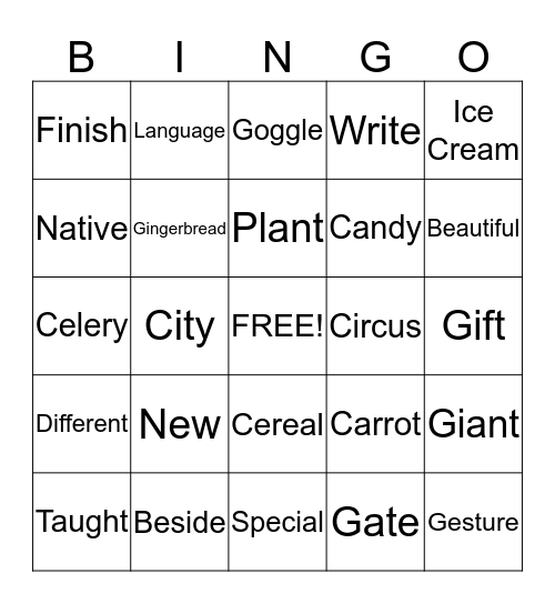 Vocabulary Bingo  Bingo Card