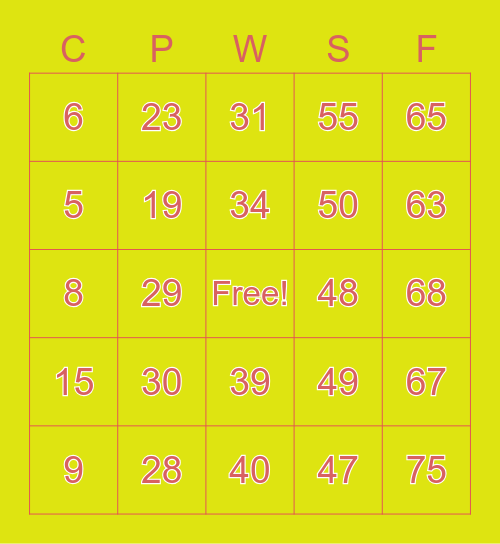 Number Bingo 1-75 Bingo Card