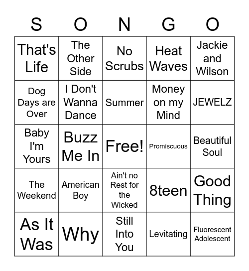 Song Bingo! Bingo Card