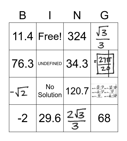 Algebra 2: Unit 12a Trig Bingo Card