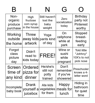 Mommy Guilt Bingo Card